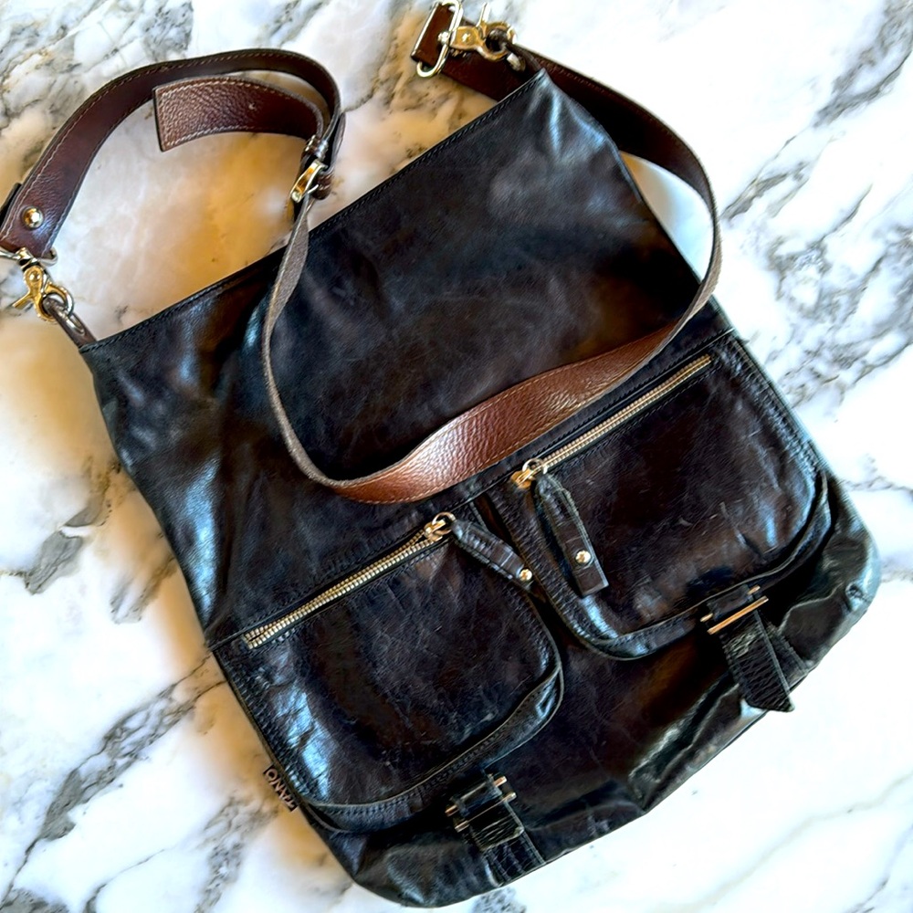 Tano Black Distressed Leather Messenger Bag with Front Pockets Crossbody
